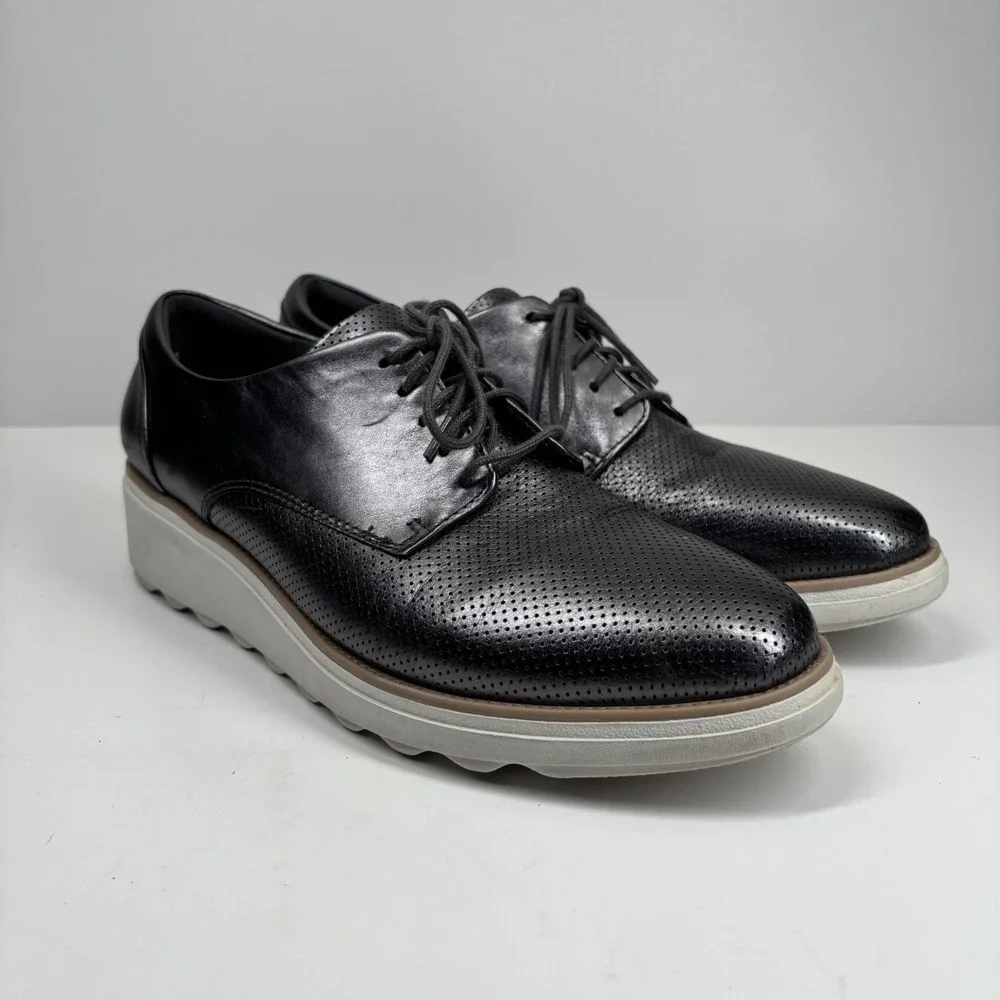 Clarks Sharon Crystal  Women's US 11M Pewter Leather Wedge Oxford Shoes Platform